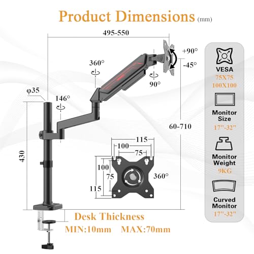 ETHU PC Gas Spring Monitor Stand With Extention Arm for 13-32 Inch Screens VESA 75x75/100x100mm 2-Way Assembling Clamp/Grommet Up to 9kg Capacity Ergonomic Multi-Angle Adjustment Single Arm Black