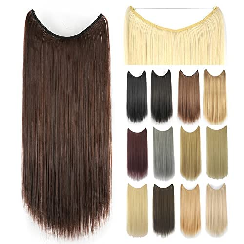 IMISSU 22'' 26'' Long Straight Hair Extensions Fish Line Hairpiece Synthetic Invisible Secret Wire Headwear Flip Hair Piece for Women (22 Inch,Chocolate Brown)
