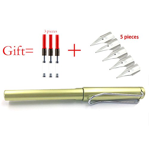 RIANCY Refill Fountain Pen with 3 Ink and 5 Nibs Cartridges Fine Nib Pen Luxury Color Plastic Body Fountain Pen for Writing Fine Signature Pen School Office Supplie Caneta Stationery (Green)
