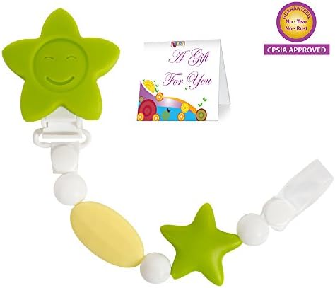 Pacifier Clip Teether Toy - Baby Girl or Boy Star Beaded Silicone Teething Toy and Pacifier Clip - Green White Color - Greeting Card Included for Baby Gifts