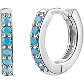 Dainty Turquoise Blue CZ Tiny Small Mini Hoop Earrings 925 Sterling Silver Post for Cartilage Tragus Pierced Sleeper Cuff Women 2nd Hole Round Hinged Huggie Hoops Fashion Jewelry Gifts Hypoallergenic Gifts Bff Daughter Xmas 7mm