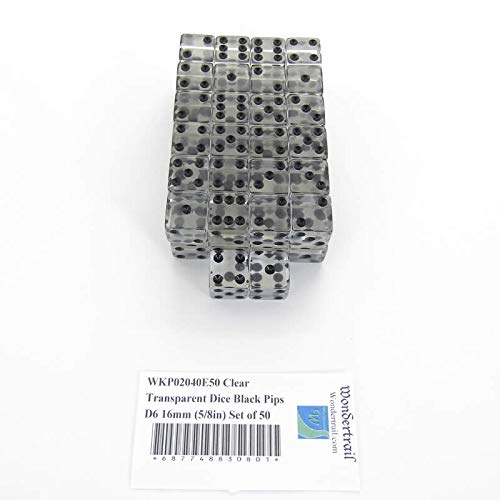Clear Transparent Dice with Black Pips Square Corners D6 16mm (5/8in) Set of 50 Wondertrail