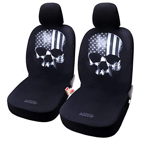 Universal Fit Fashion Skull Flag Front Car Seat Covers Set of 2 Black with Airbag - Leader Accessories