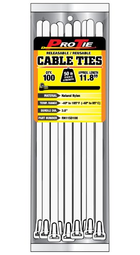 Pro Tie RN11SD100 11.8-Inch Releasable Standard Duty Cable Tie, Natural Nylon, 100-Pack