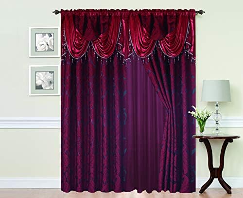 Golden Rugs Luxury Curtain Window Panel Drape Set 2pc Floral/Flower Embroidery Curtain Set with Attached Valance and Backing 2 Tassel/Tiebacks 55" X 84" Each LIDA Collection (Burgundy)