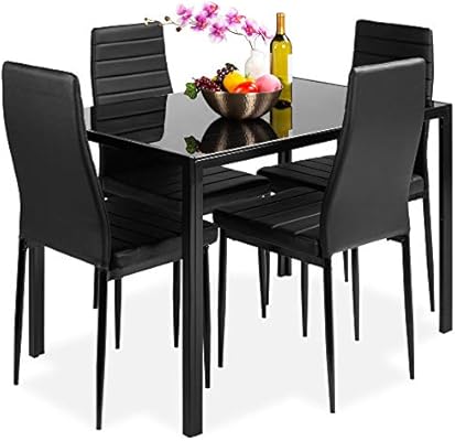 Amazon Com Best Choice Products 5 Piece Kitchen Dining Table Set For Dining Room Kitchen Dinette Compact Space W Glass Tabletop 4 Faux Leather Metal Frame Chairs Black Table Chair Sets
