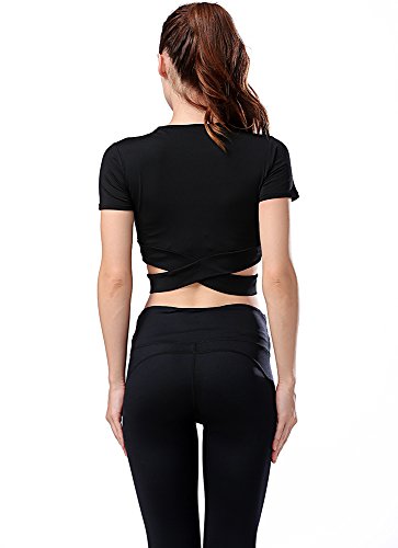 Campeak 2 Pack Women's Yoga Gym Crop Top Compression Workout Athletic Short Sleeve Tank T Shirt (Grey and Black, S = Tab M)