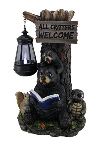 Zeckos Resin Outdoor Figurine Lights Little Critters Reading Bears Welcome Statue W/Solar Led Lantern 8.5 X 13 X 6.75 Inches Black