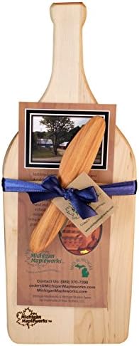 Wine Bottle Shaped Solid Maple Cheese Cutting Board Gift Set with Cherry Wood Spreader Michigan Mapleworks