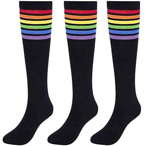 KONY Women's Cotton Colorful Striped Rainbow Knee High Socks 1/3 Pairs, Comfortable Stay Up Best Gift Size 6-10