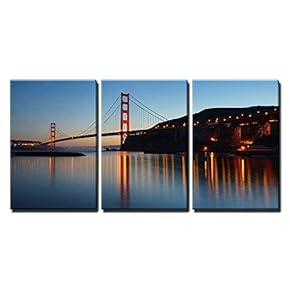 3 Piece Canvas Wall Art - Golden Gate Bridge at Twilight. San Francisco, USA - Modern Home Art Stretched and Framed Ready to Hang - 16"x24"x3 Panels
