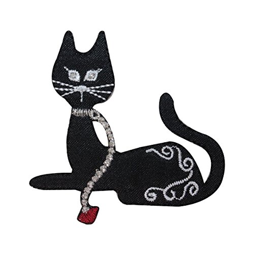 ID 2895 Black Cat With Leash Patch Kitty Kitten Embroidered Iron On Applique