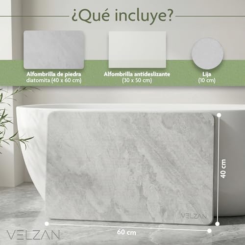 VELZAN Diatomite Bath Mat 60 x 40 cm – Non-Slip, Quick-Drying, Absorbent – Versatile for Bathroom, Kitchen and More. Stone Bath Mat.