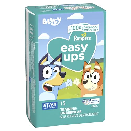 PAMPERS TRAINING PANTS – EASY UPS BOYS & GIRLS BLUEY – SIZE 5T-6T, 15 COUNT, CHILDREN’S POTTY UNDERWEAR (PACKAGING MAY VARY)