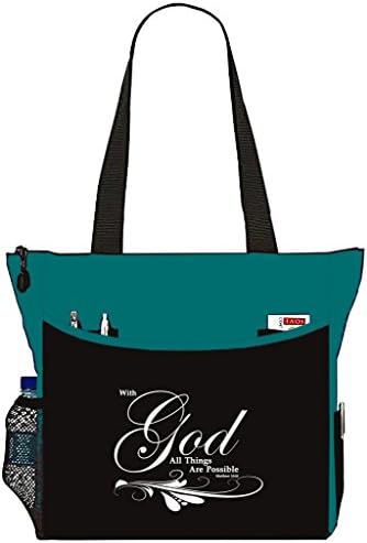 Matthew 19:26 With God All Things Are Possible Tote Bag Christian Bible Cover Verse Church Office School Travel Gym Book Organizer - Teal Black