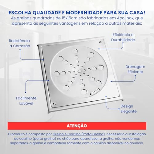 Ralo Grelha Quadrada Tampa Ralo 15x15cm Com Caixilho Ralo Banheiro Com Porta Grelha Abre e Fecha Anti Odor Em Aço Inox 430 Polido Resistente à Corrosão