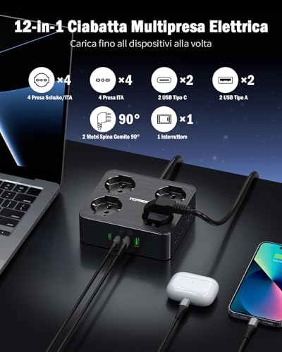 TOPREK Electrical Power Strip with 8 Universal Sockets ITA 10/16A and Schuko, 2 Metres Electrical Extension Cable and 2 USB C (20W PD3.0 Quick Charge) and 2 USB A with Switch, 16A Elbow Plug 90°, 4000W