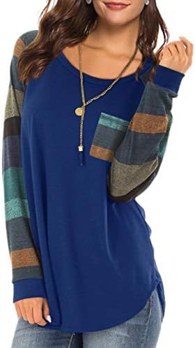 Women's Casual Color Block Long Sleeve Pullover Blouse Round Neck Loose Tunic T Shirt Tops Sweatshirt with Pocket Black