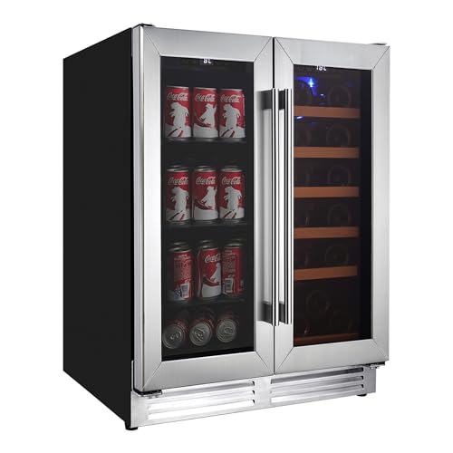 Koolatron Wine Fridge - Under Counter Wine Cooler, 18 Bottle and 56 Beverage Can Chiller, Built in Cabinet for Champagne, Red & Whitewine, Bar, Dual Zone Freestanding Cellar, Stainless Steel