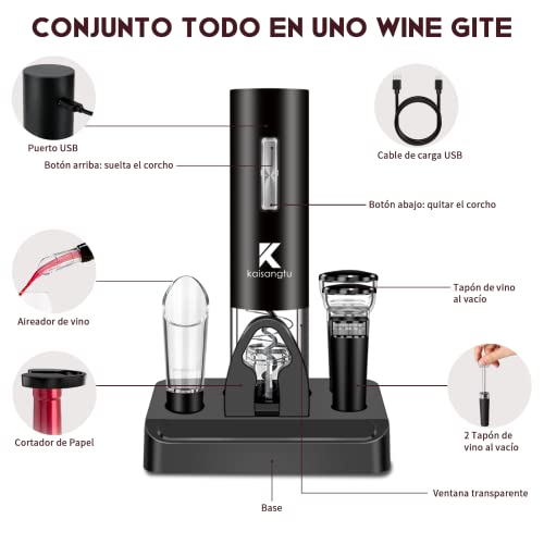 Sacacorchos Eléctrico Inalámbrico, Kaisangtu Automatico Abrelatas de Vino USB Recargable Vertedor de Vino con Cortador de Papel, 2 Tapón de Vino Silicona de Vacío, Base, Caja de Regalo