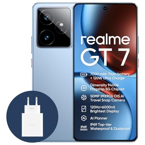 realme GT7 5G Smartphone, 12 + 256 GB, 7000 mAh batterij, 120 W opladen, Dimensity 9400e Chipset, IMX906 50MP camera, AI Planner, 6000nits Pro-Esports 120Hz Display, IP69, Blauw, Amazon Exclusive