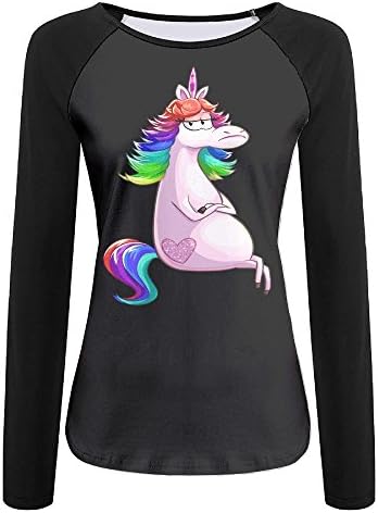 Donyoung Women's Rainbow Unicorn With Funny Face Art Geek Raglan Shirt Baseball Long Sleeve T Shirts