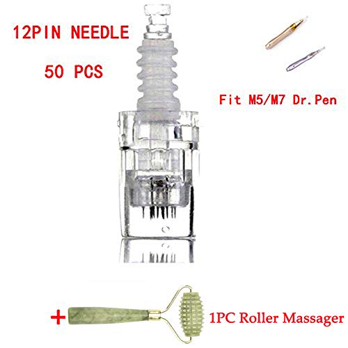 Beautyyuan Fit for M5/M7 Dr.Pen Makeup Tattoo Machine Accessories 50pcs (12P Bayonet Slot White) &1pc Skin Cool Ice Roller Cold Therapy Face Body Massager as a Gift