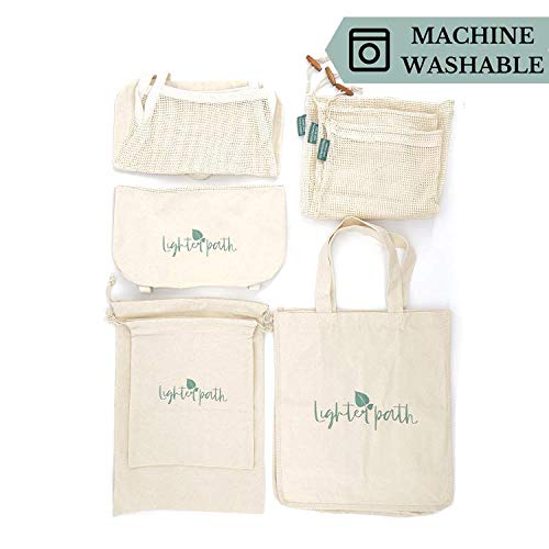 Earth Friendly Reusable Shopping Bags | 8 PC Set | Machine Washable | 100% Organic Cotton Grocery Bags Includes Sturdy Canvas Tote, 2 Shoulder Bags, 3 Mesh Produce Bags, 2 Bulk Bags