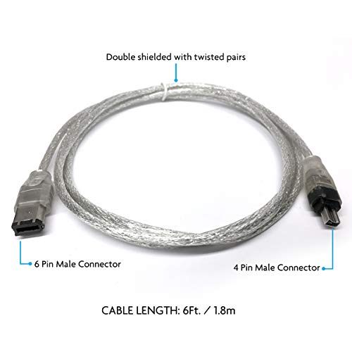 RocketBus 4-Pin to 6-Pin IEEE-1394 FireWire iLink DV Cable Cord for Computer Laptop PC to JVC Sony Camcorder