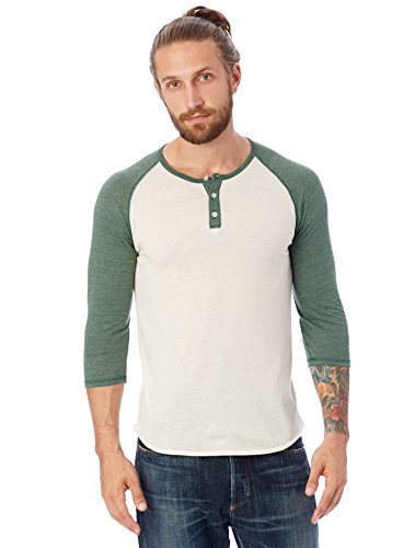 Alternative Men's Raglan 3/4 Sleeve Henley Shirt, Ivory/Dusty Pine, Medium