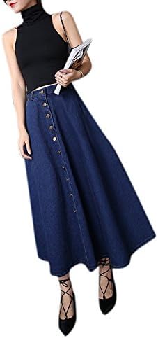 Krralinlin Women's Vintage Button Front Denim High Waisted A-Line Long Maxi Denim Pleated Skirts