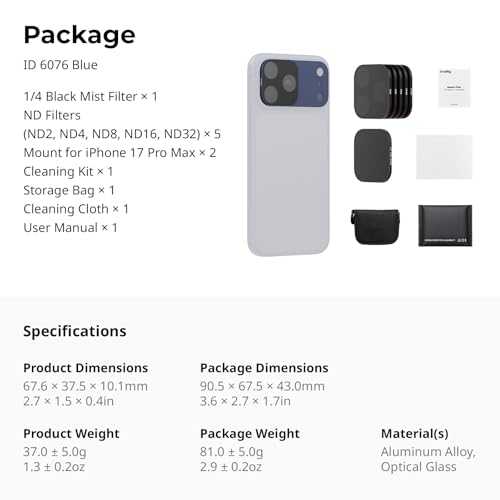 SMALLRIG Kit de filtros cuadrados ND y Black Mist para iPhone 17 Pro Max, filtros magnéticos para lentes, filtro de difusión Black Mist de 1/4/ND2/ND4/ND8/ND16/ND32, paquete de 6, azul - 6076
