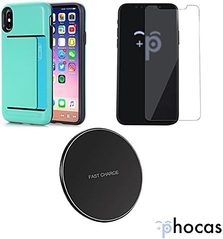 Phocas iPhone X / iPhone 10 Bundle-Minimalist Hard Wallet Protective Wallet Card-Holder Case, 9H Glass Screen Protection, Wireless Charging Pad-Quality Kit for iPhone X / iPhone 10 (2017) (Seafoam)