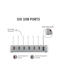 Estación de carga para varios dispositivos   Base USB de 6 puertos y organizador para smartphones y tabletas con carga rápida para dispositivos alimentados por USB C (cables incluidos), color plateado