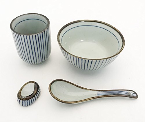 Japanese Traditional Tokusa Pattern Dinnerware Set for 1 with Ceramic Rose Bowl Sushi Restaurant Tea Cup Ceramic Spoon and Ceramic Chopsticks Rest Holder Gift Set Tableware Starter Kit (Blue)