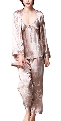 Jusfitsu Women's Pajama Sets Elegance 3pcs Silk Pajamas Womens Sleepwear Sets Camel L