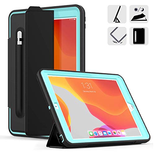 DUNNO New 10.2 Case 2019, Hybrid Leather Three Layer Heavy Duty Smart Cover with Auto Sleep/Wake Pencil Holder Stand Feature Design for iPad 7th Gen 10.2 Inch 2019 (Black/Light Blue)
