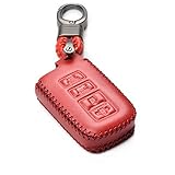 Vitodeco Genuine Leather Keyless Entry Remote Control Smart Key Case Cover with Leather Key Chain for Toyota Corolla, Camry, Avalon, Rav 4, Highlander (4 Buttons, Red)