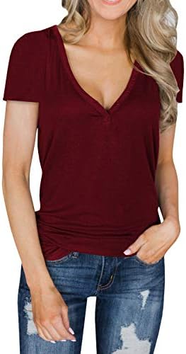 Womens V Neck Button Down Shirts Short Sleeve Ribbed Henley Shirts Long Tunis Tops