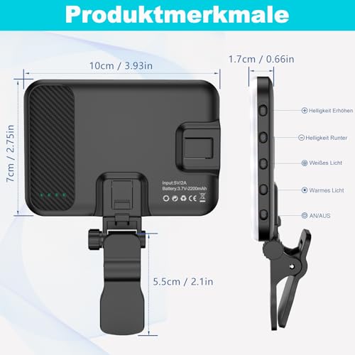 Selfie Light, 60 LED 2200 mAh Rechargeable Mobile Phone Fill Light, 7 Modes, 10 Levels Brightness, Portable Clip-On Light for Phone/Tablet/Laptop, Zoom Call Vlog Makeup TikTok Video Fill Light