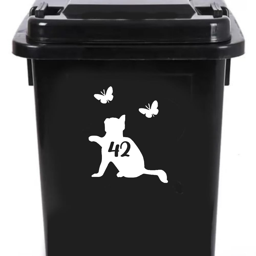 Cute Cat Chasing Butterflies Waterproof Wheelie Bin Stickers - Vinyl Material - Gifts for Cat Lovers - Bin Stickers for Wheelie Bins - Stick on Numbers - Bin Labels (42)