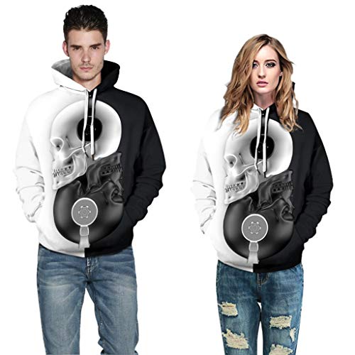 Jessie storee Helloween Hooded Sweatshirt Black and White Skull Print Pullover Hoodie Women Men Couples Unisex Horror Sweatshirts Clothing Large Size Sweater Loose Baseball Uniform Tide,Black,XXXL