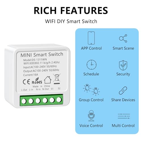 4 Pack Mini Smart Relay Switch Module Compatible With Tuya App, Alexa and Google Home - DIY WLAN Smart Life Switch, Neutral Conductor Required