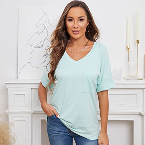 HELLOPOPGO WOMENS T SHIRTS SHORT SLEEVE LOOSE TEE TOPS CASUAL V NECK TSHIRTS (X-LARGE,LM01_LIGHT GREEN)