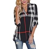 UpBeauty Women Casual Blouses 2/3 Sleeve Plaid Shirt V-Neck Loose Tunic Pullover Tops