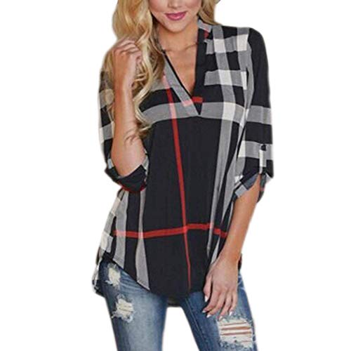 UpBeauty Women Casual Blouses 2/3 Sleeve Plaid Shirt V-Neck Loose Tunic Pullover Tops