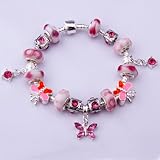 Bamoer "The World of Garden" Pink Murano Glass Beads Lovely Butterfly Dangle Charm Beaded Silver Plated Bracelet Gifts for Ladies Girls Women 20cm