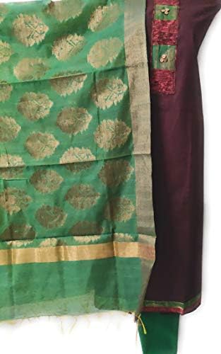 Grassroot Galery Women's Cotton Unstitched Dress Material with Banarsi Weave Dupatta (GG95FC39/18, Brown and Green, Free Size)