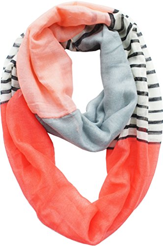 Vivian & Vincent Soft Light Weight Stripe Mosaic Sheer Infinity Scarf (OrangeRed-Salmon-Gray) - Thumbnail 2