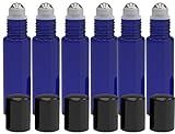 6 Pack - Roll on Glass Bottle - Blue 10ml 1/3oz Size for Essential Oil - Empty Aromatherapy Perfume Bottles - Cobalt Refillable Slim with Cap [Blue]